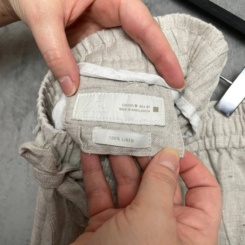Zara Linen Coastal Grandma Neutral Cropped Tapered‎ Pants Elastic Waist Medium